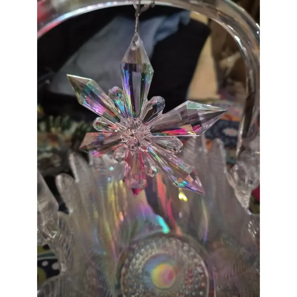 Vintage LE Smith Feather And Fern Crystal Lustre Carnival Glass Basket With